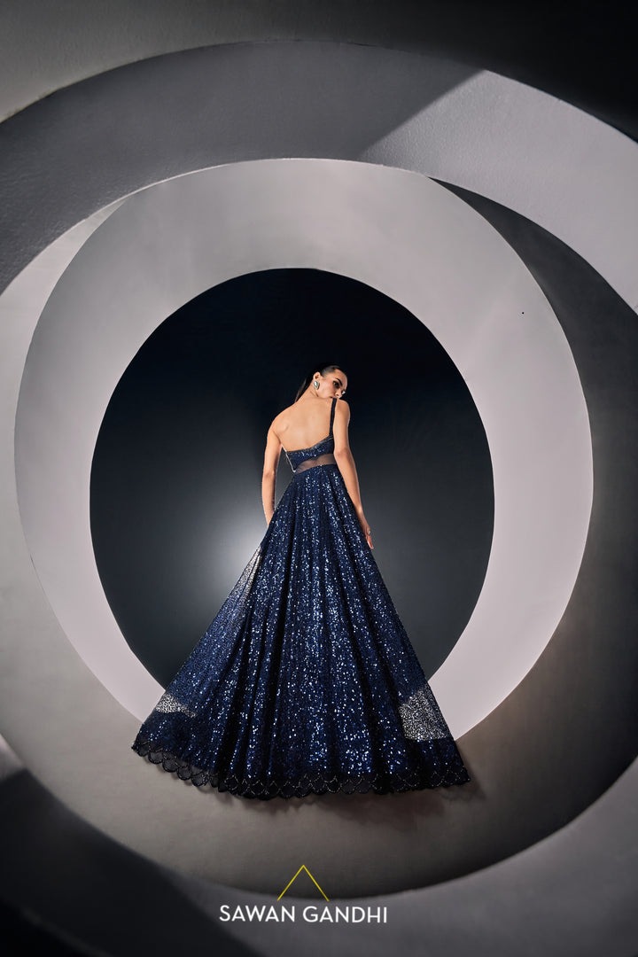 Blue sequins one shoulder gown