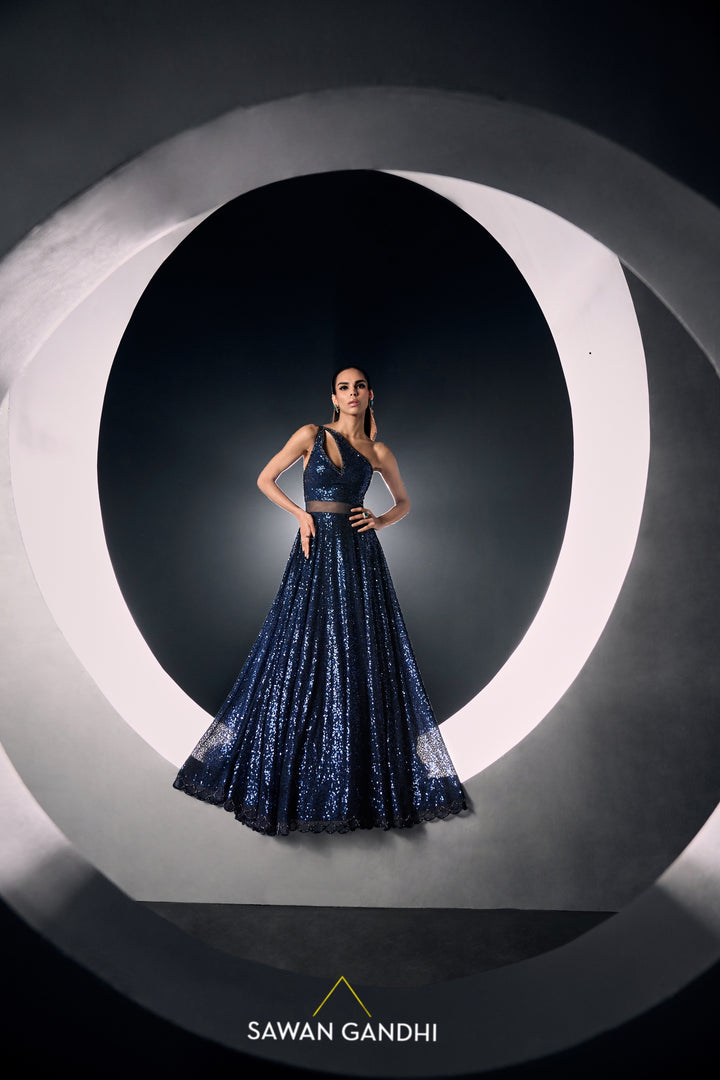Blue sequins one shoulder gown