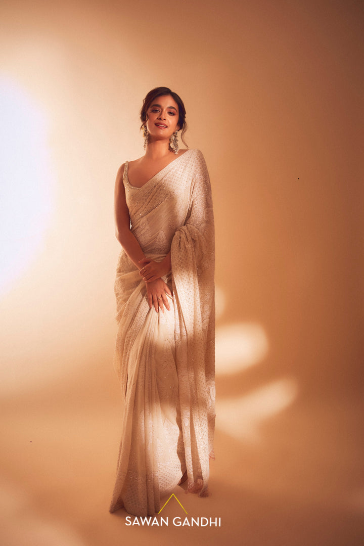 Keerthy suresh in Mahruu Ivory Chikankari saree
