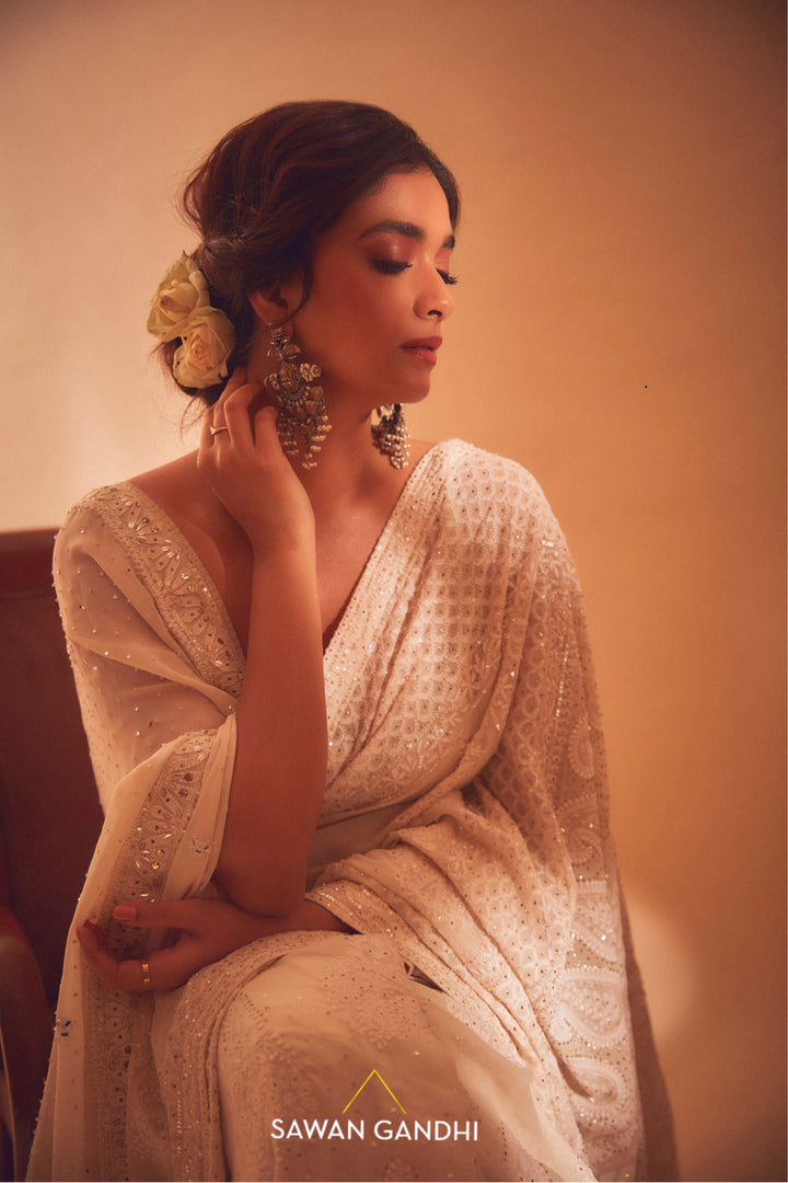 Keerthy suresh in Mahruu Ivory Chikankari saree