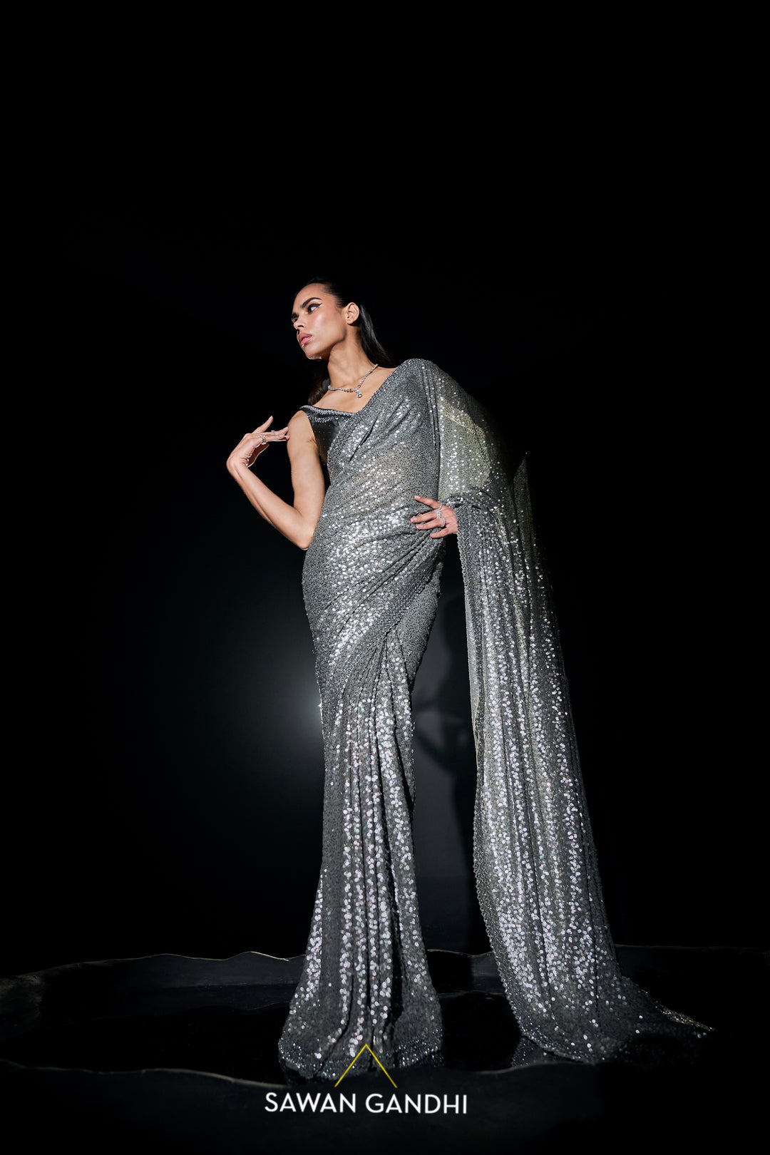 Silver sequins saree