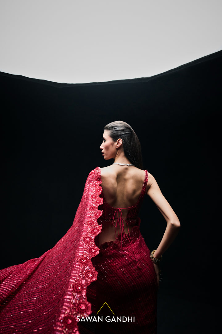 Red sequins gicha saree