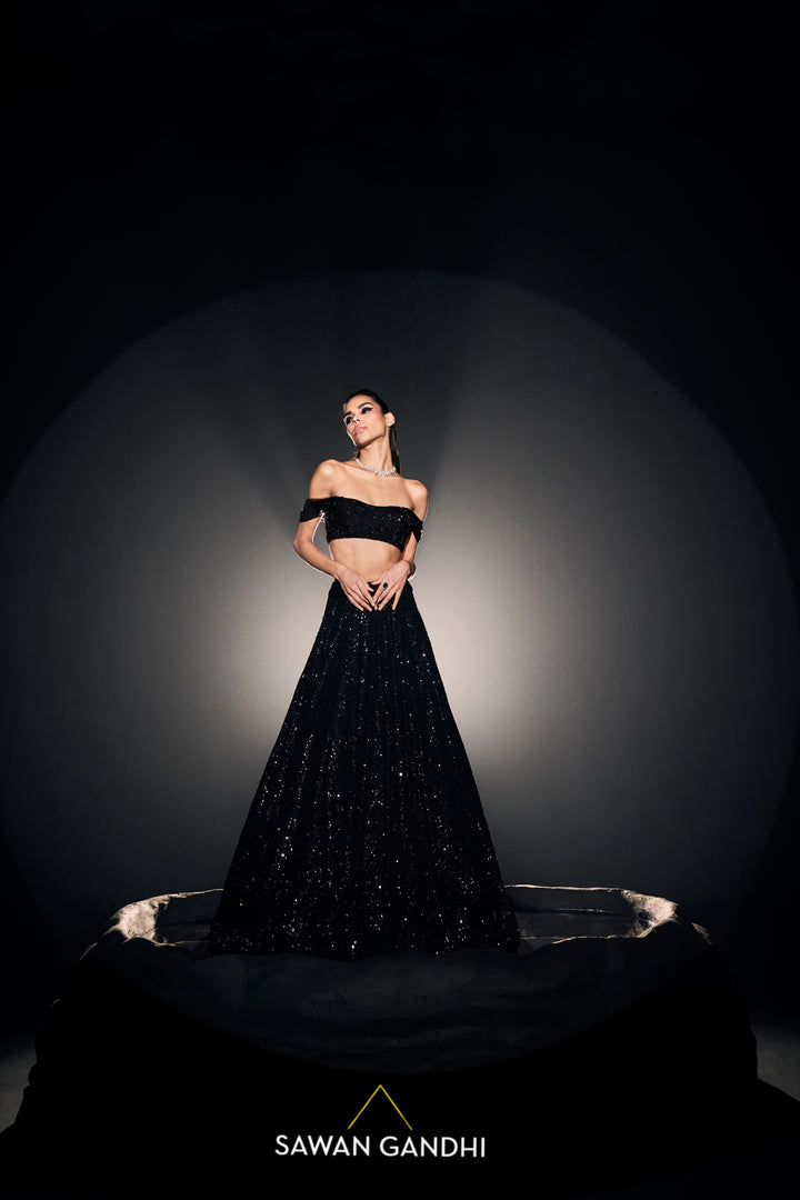 Black sequins lehenga with crystal blouse
