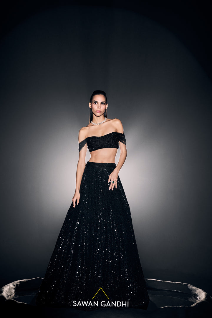 Black sequins lehenga with crystal blouse