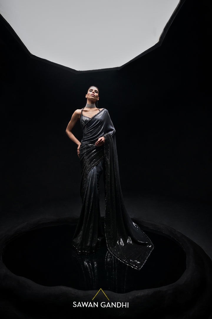 Black to grey ombre sequins saree