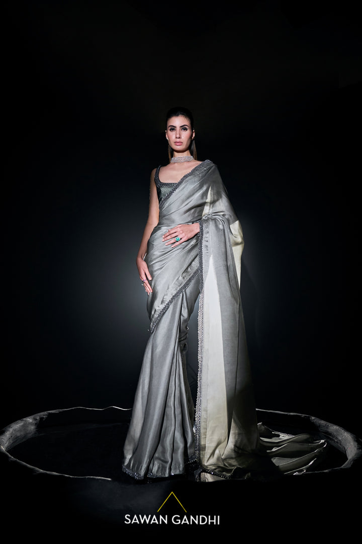 Grey silver satin saree
