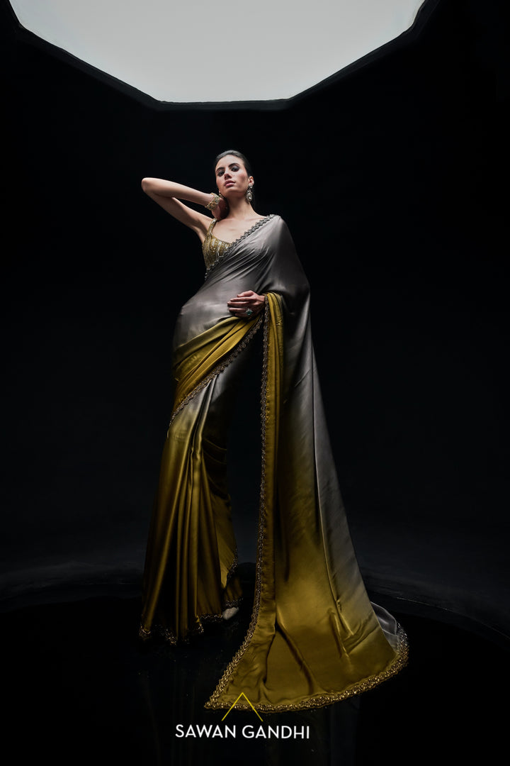 Gold to grey ombré saree