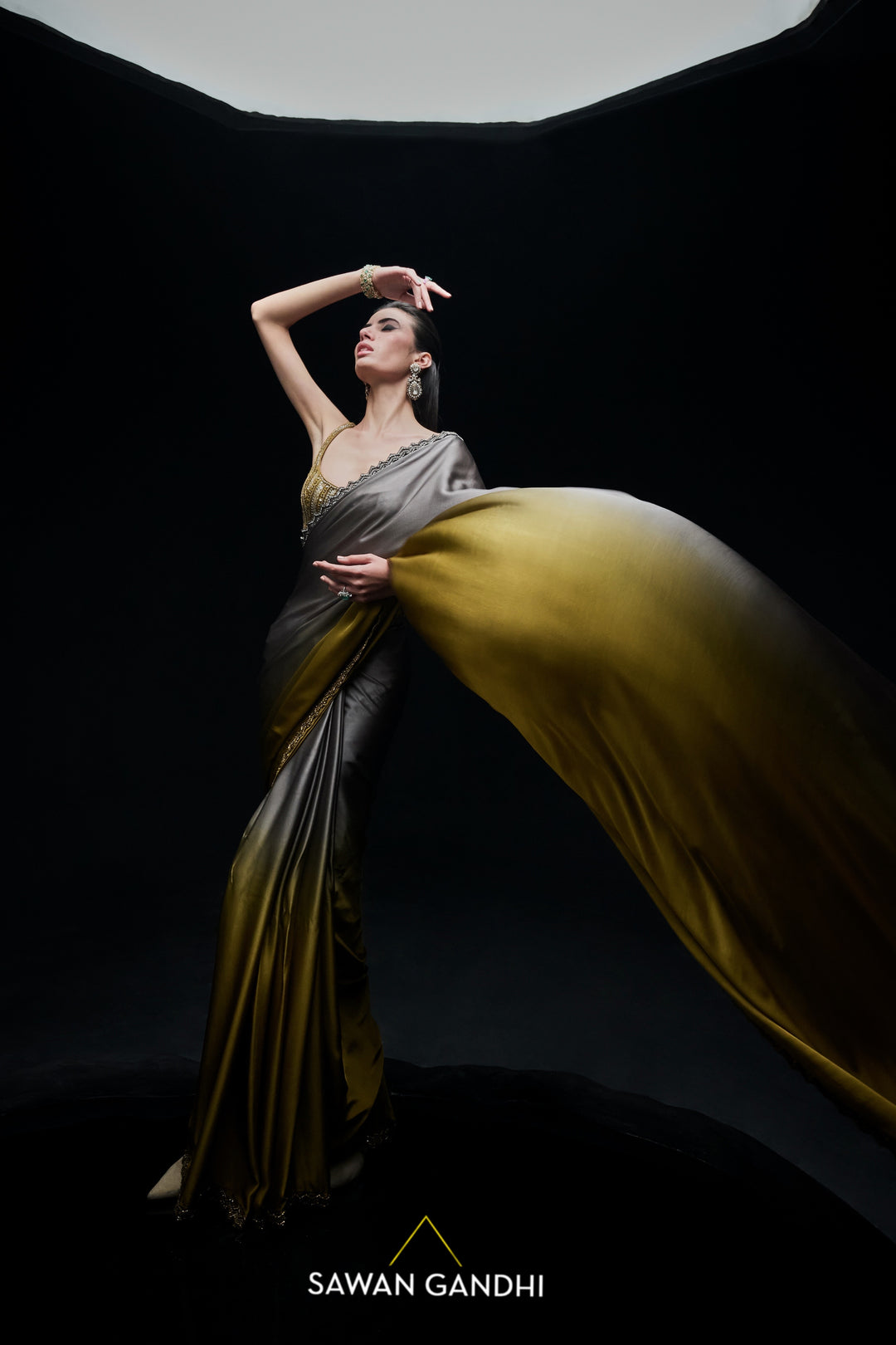 Gold to grey ombré saree