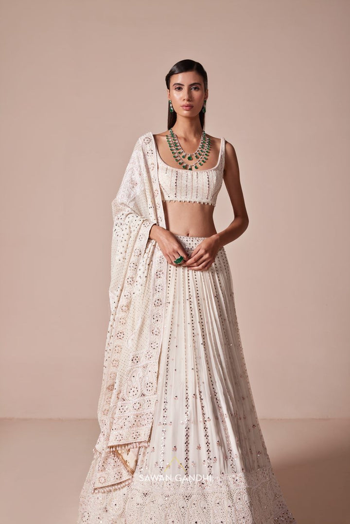 Ivory Chikankari border and vertical mirror lines lehenga set