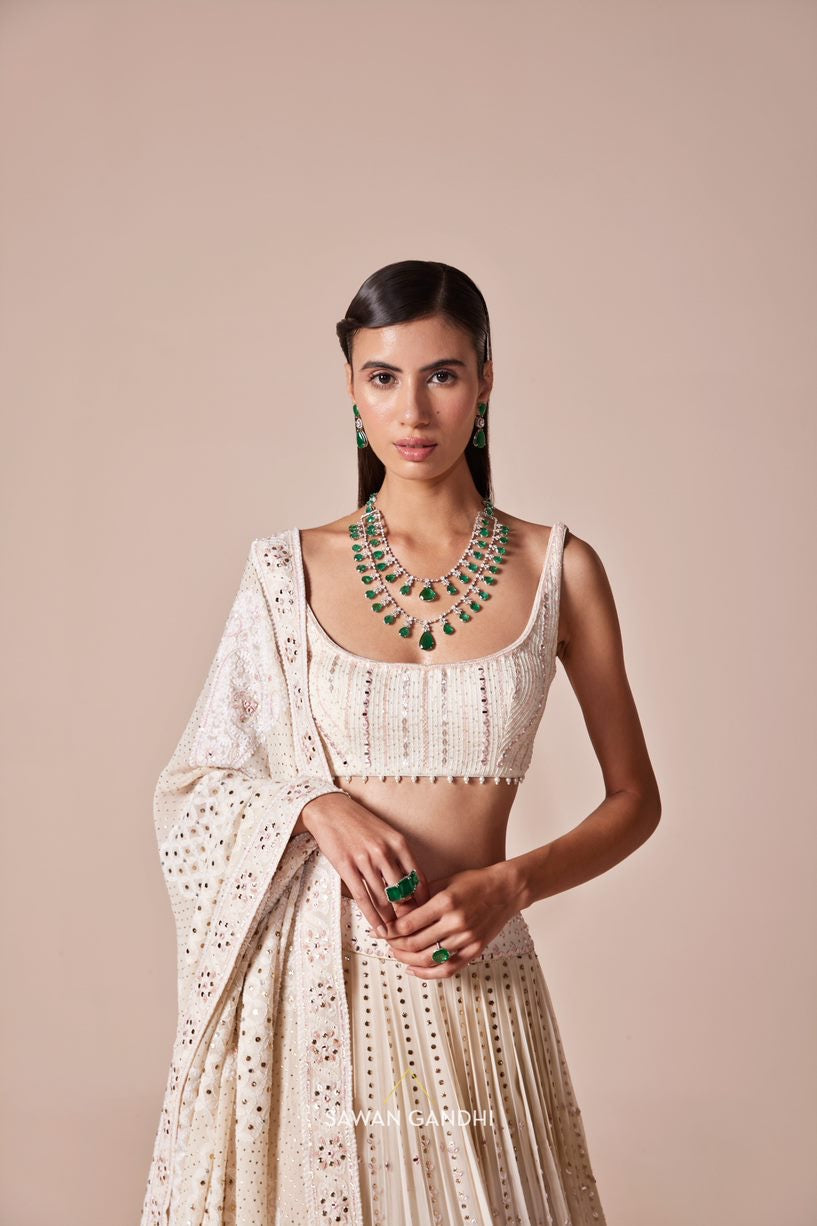 Ivory Chikankari border and vertical mirror lines lehenga set