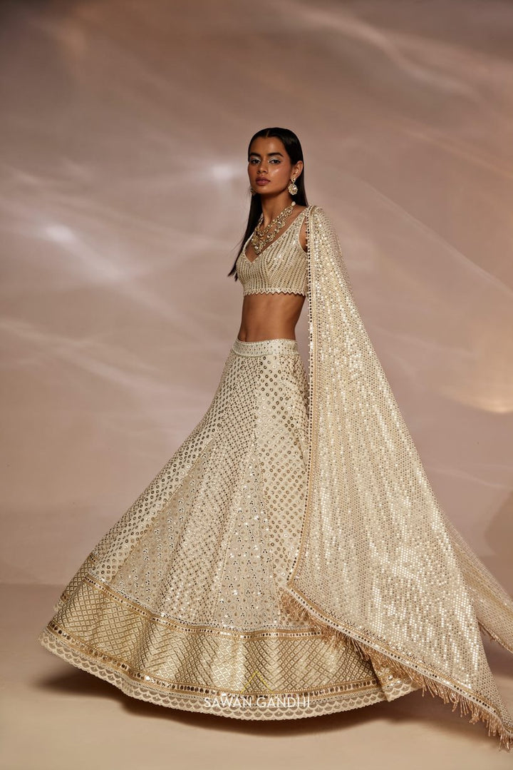 Ivory Mukaish and Mirror work lehenga  set