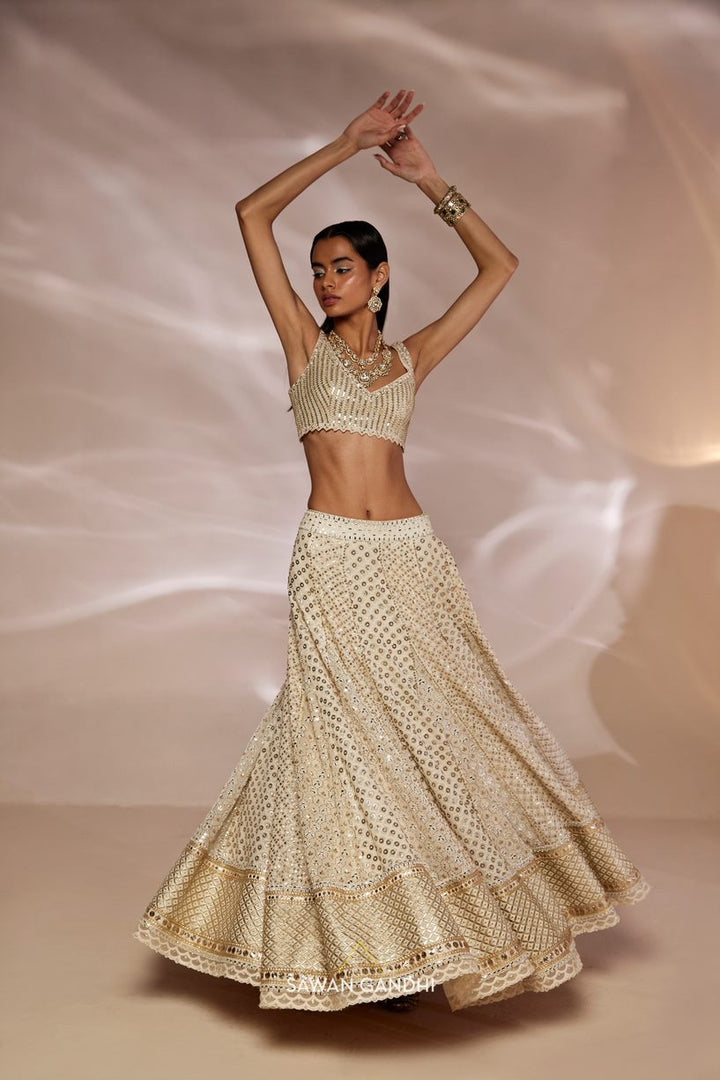 Ivory Mukaish and Mirror work lehenga  set