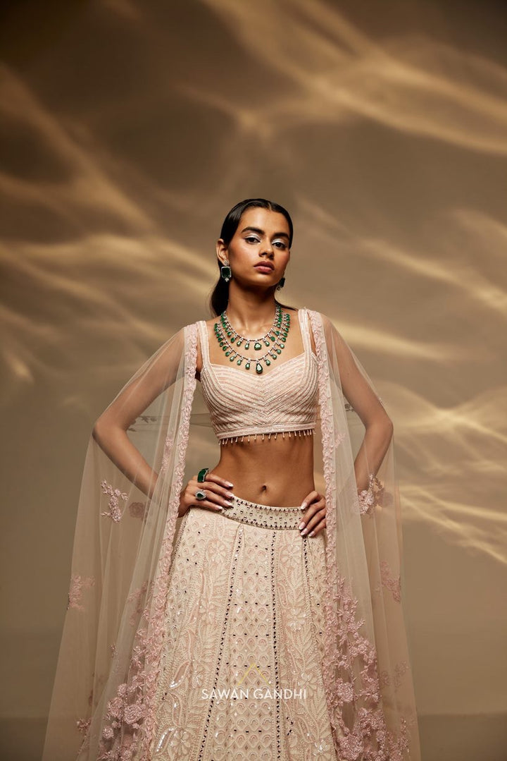 Ivory and pink chikankari lehenga set