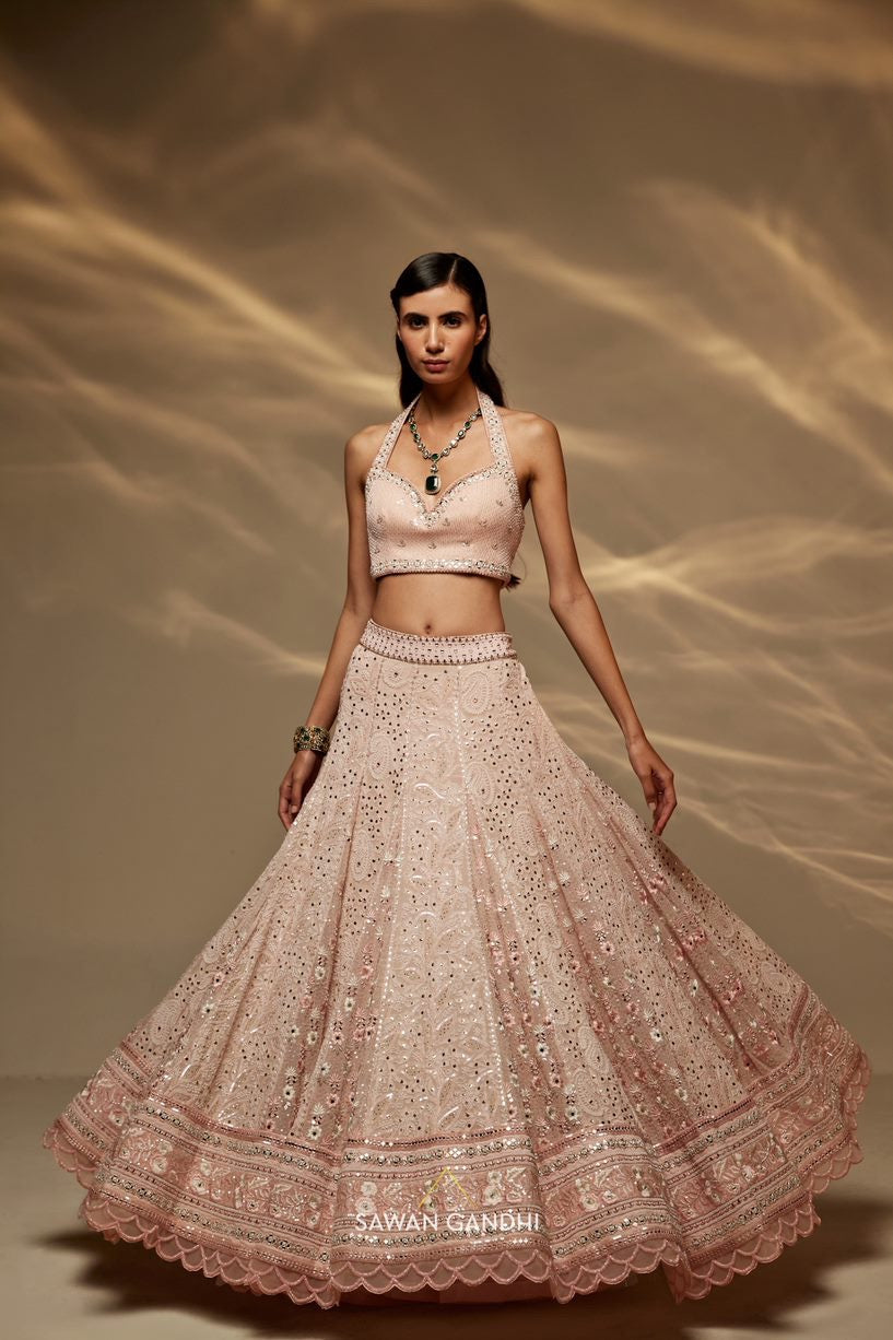 Blush pink chikankari and parsi work lehenga set