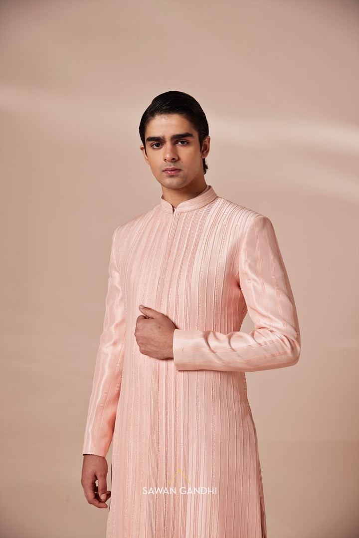 Peach cutdana and pintex sherwani