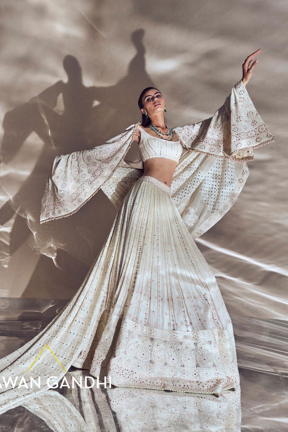 Ivory Chikankari border and vertical mirror lines lehenga set