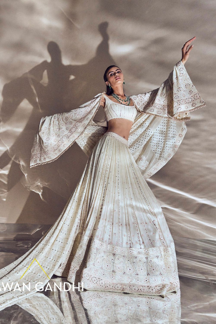 Ivory Chikankari border and vertical mirror lines lehenga set