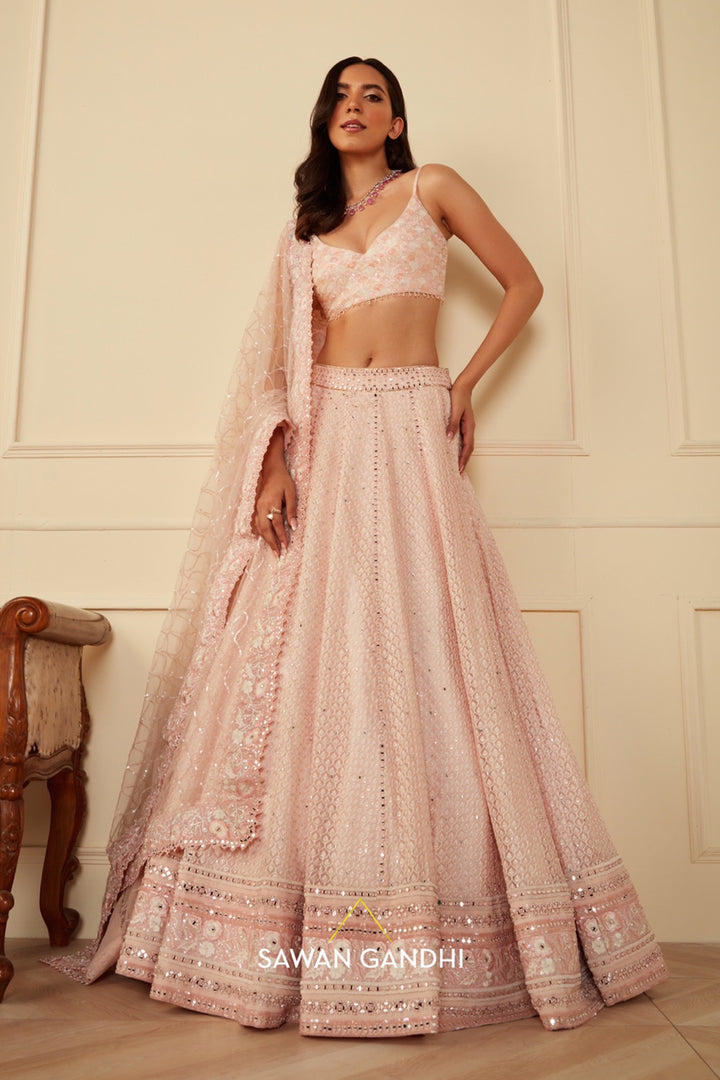 Blush pink thread and mirror work lehnga set