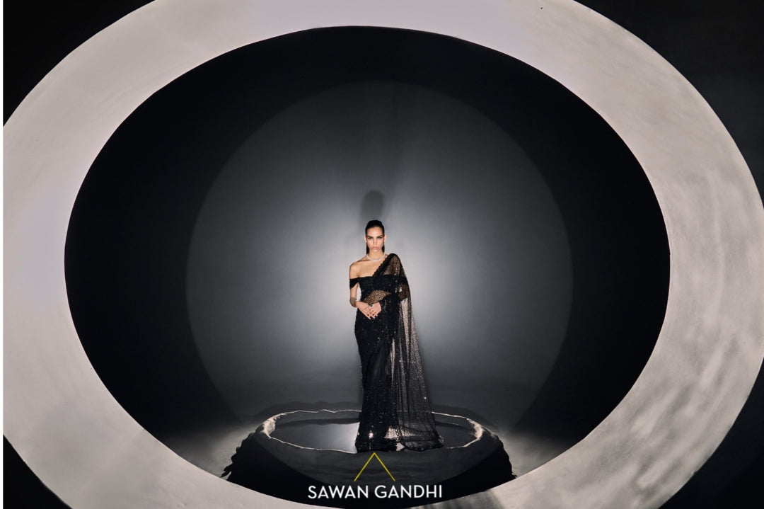 Black sequins net saree